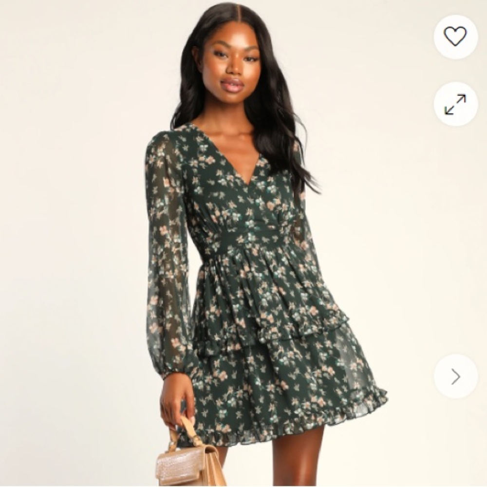 Lulu’s Darling Attitude Dark Green Floral Print Long Sleeve Mini Dress Size XS